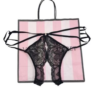 NEW Victorias Secret Crotchless Floral Lace Strappy High Leg Cheeky Panty S